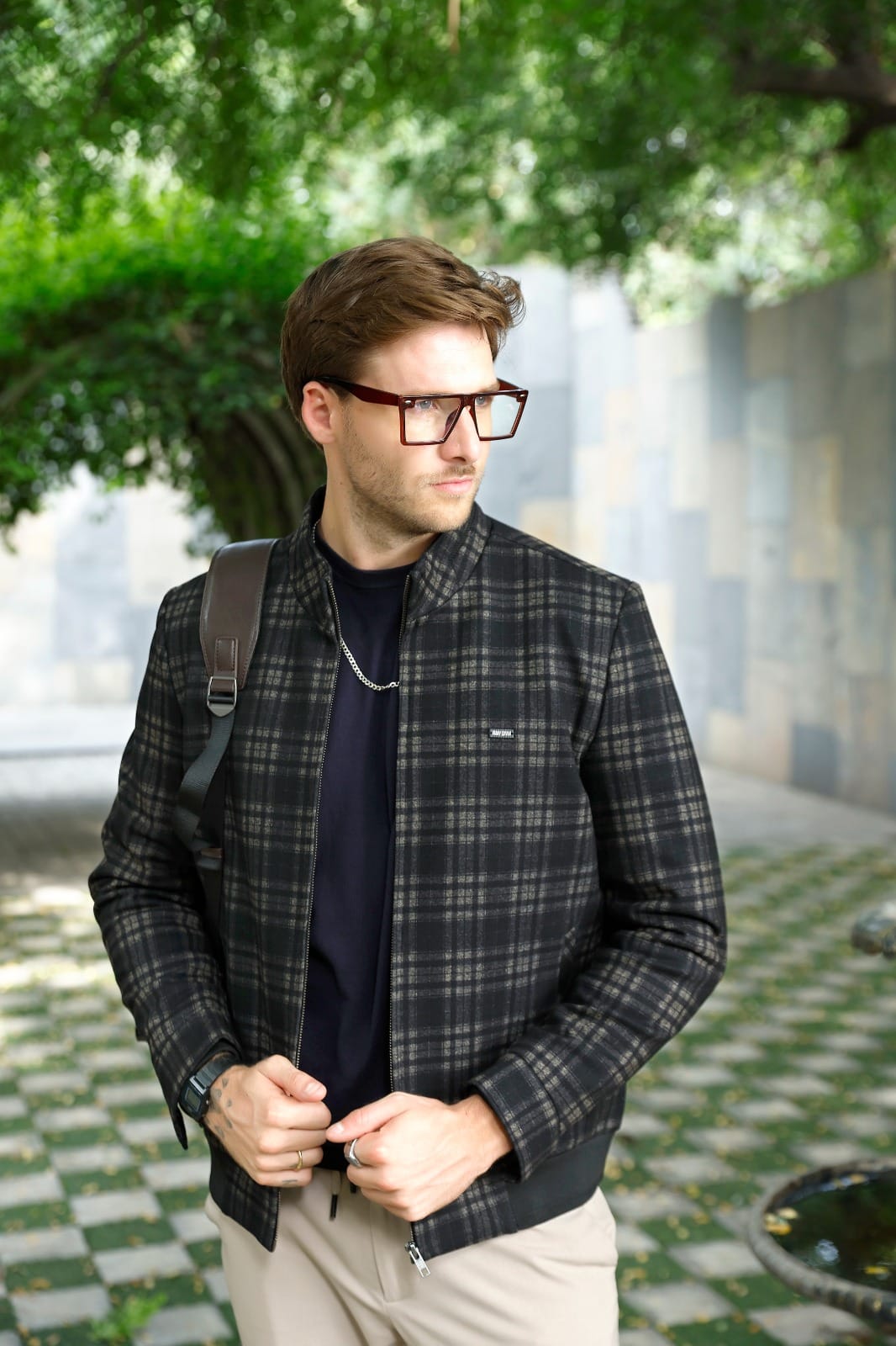 Men Brown Check Stand Collar Full Sleeve Coat