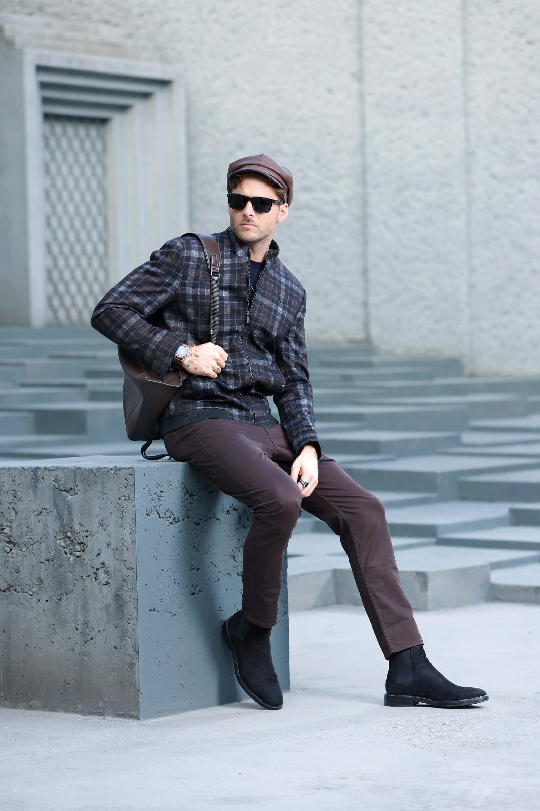 Men Brown Check Stand Collar Full Sleeve Coat - Image 2
